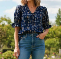 She + Sky - Ruffle And Roll Print Top
