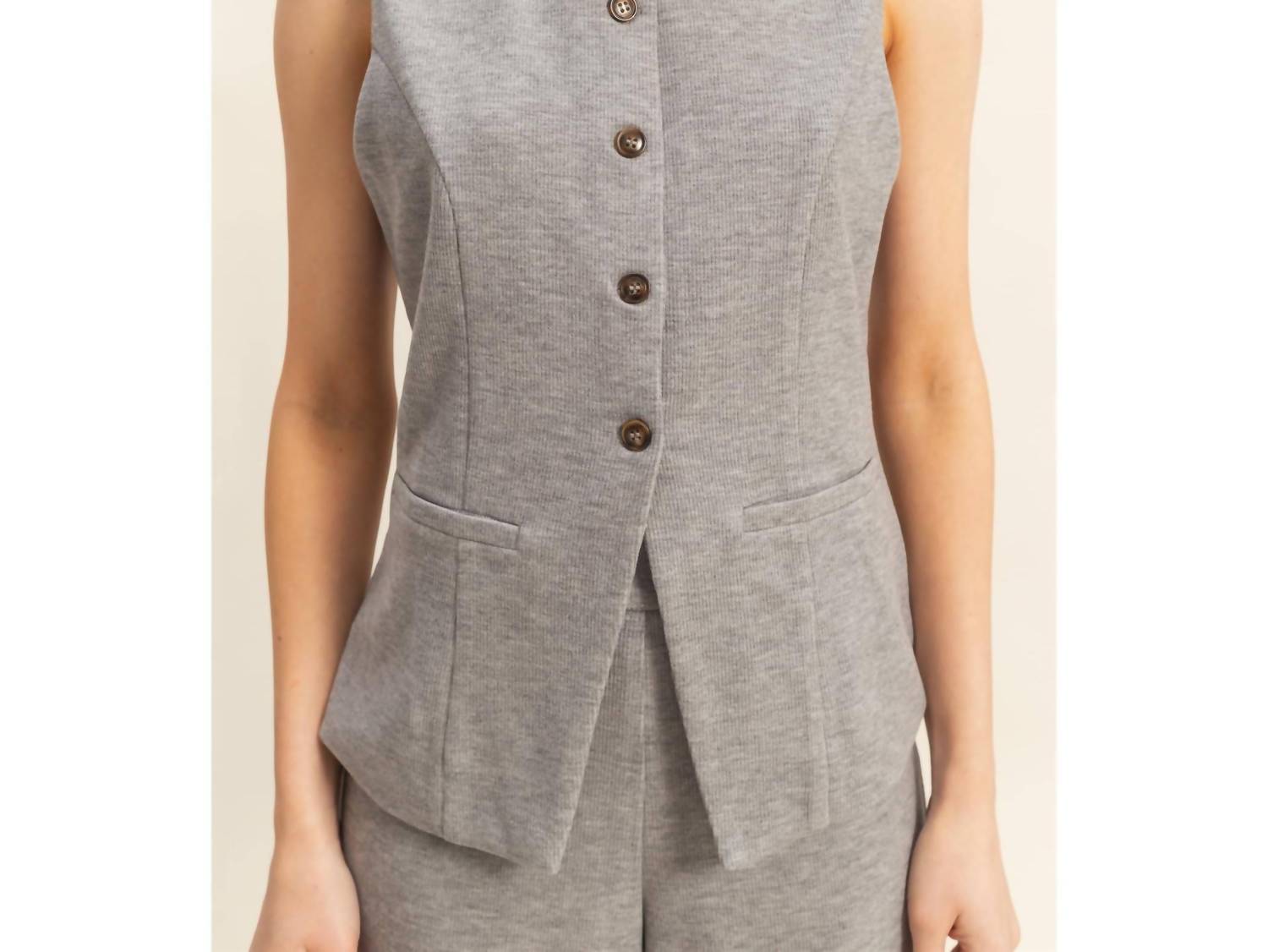 Hyfve - Ribbed Buttoned Vest And Wide-leg Pants Set