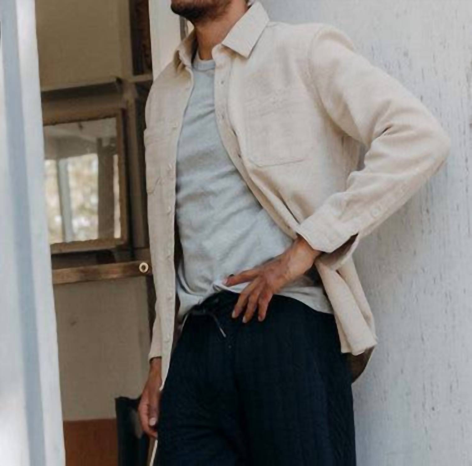 Taylor Stitch Men's Utility Shirt in natural sashiko - men's long sleeve top - detail view