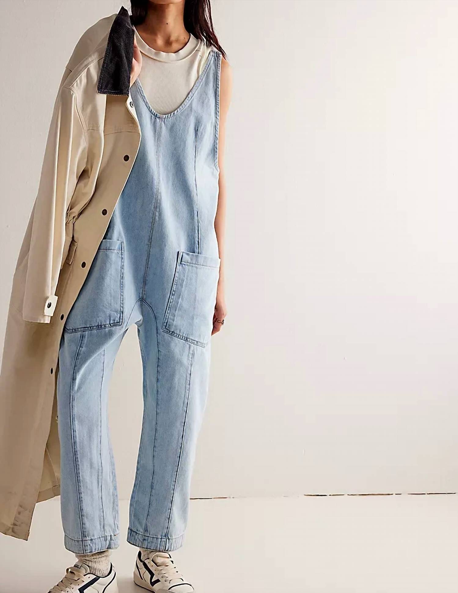 Sweetkama - Denim Adjustable Shoulder High Roller Jumpsuit
