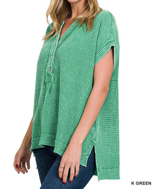 Zenana - Henley Gauze Short Sleeve Top