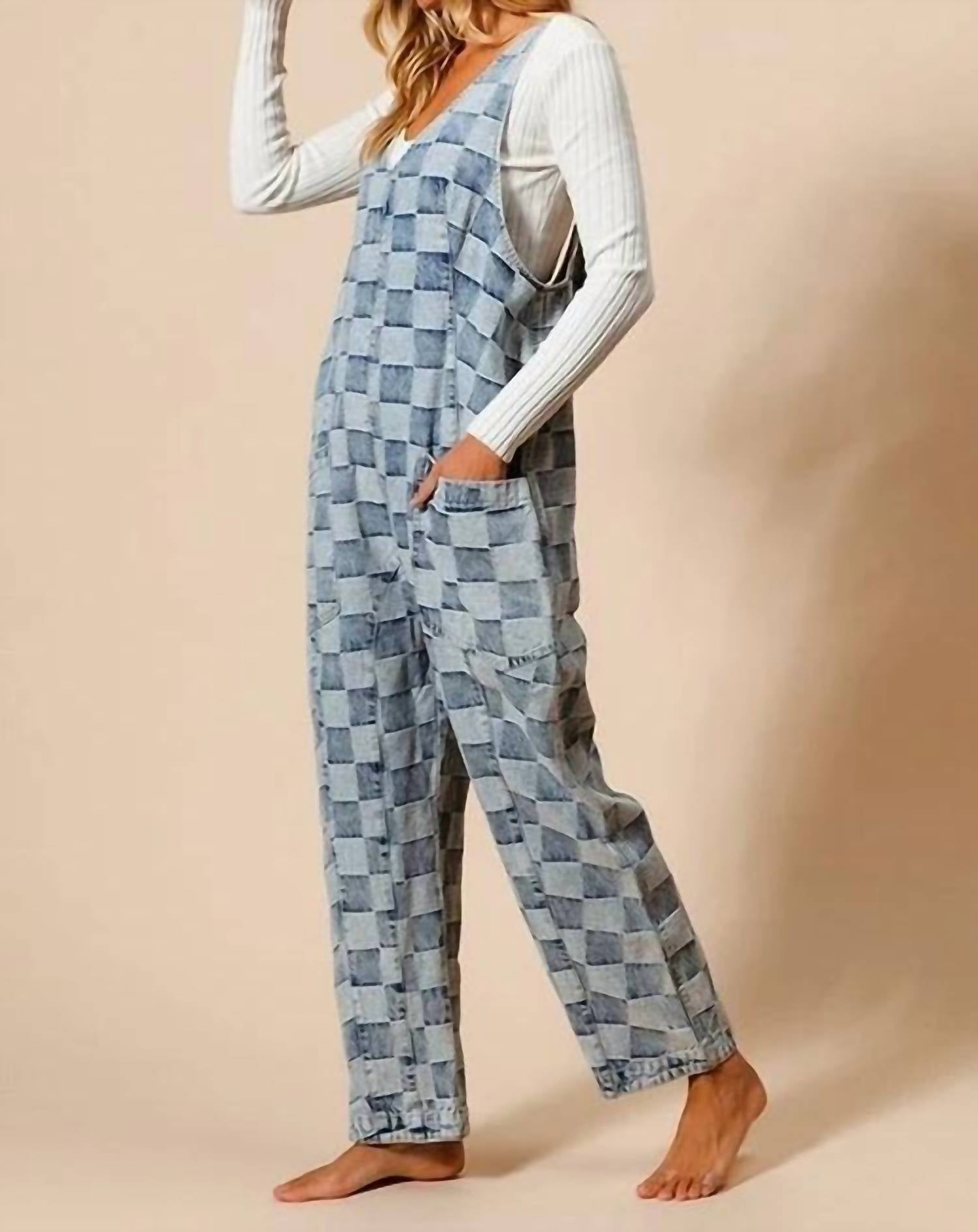 Bibi - Low Rise Vintage Washed Checker Overalls
