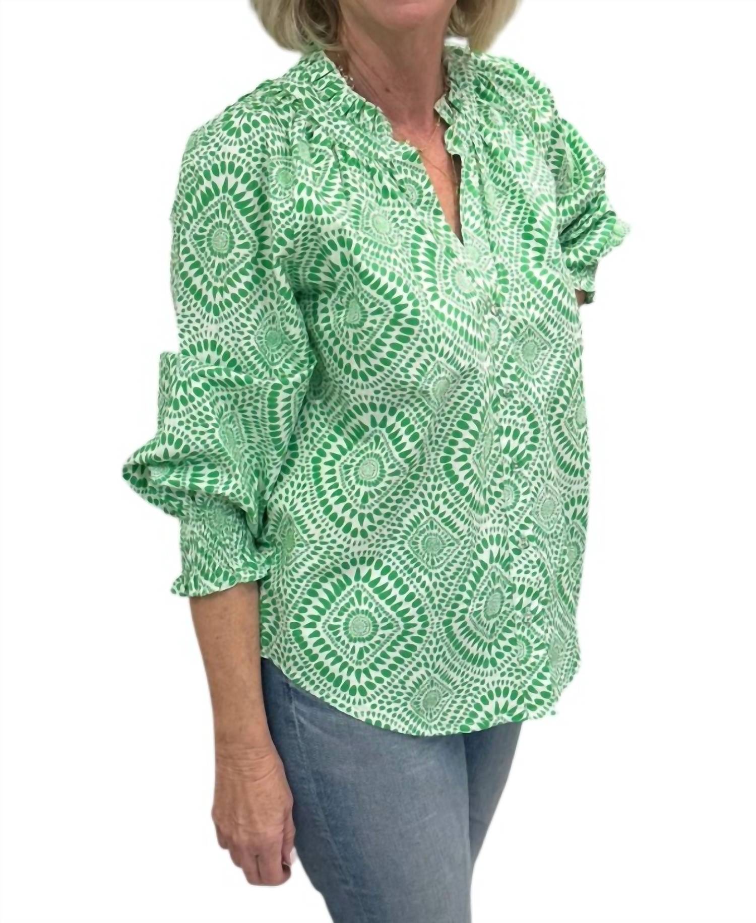 Fitzroy & Willa Abigail Blouse in green batik - women's blouse