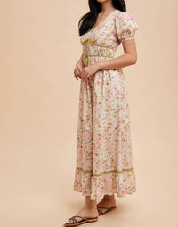 IN-LOOM Bow Floral Maxi Dress in pink coral multi - women's dress - detail view