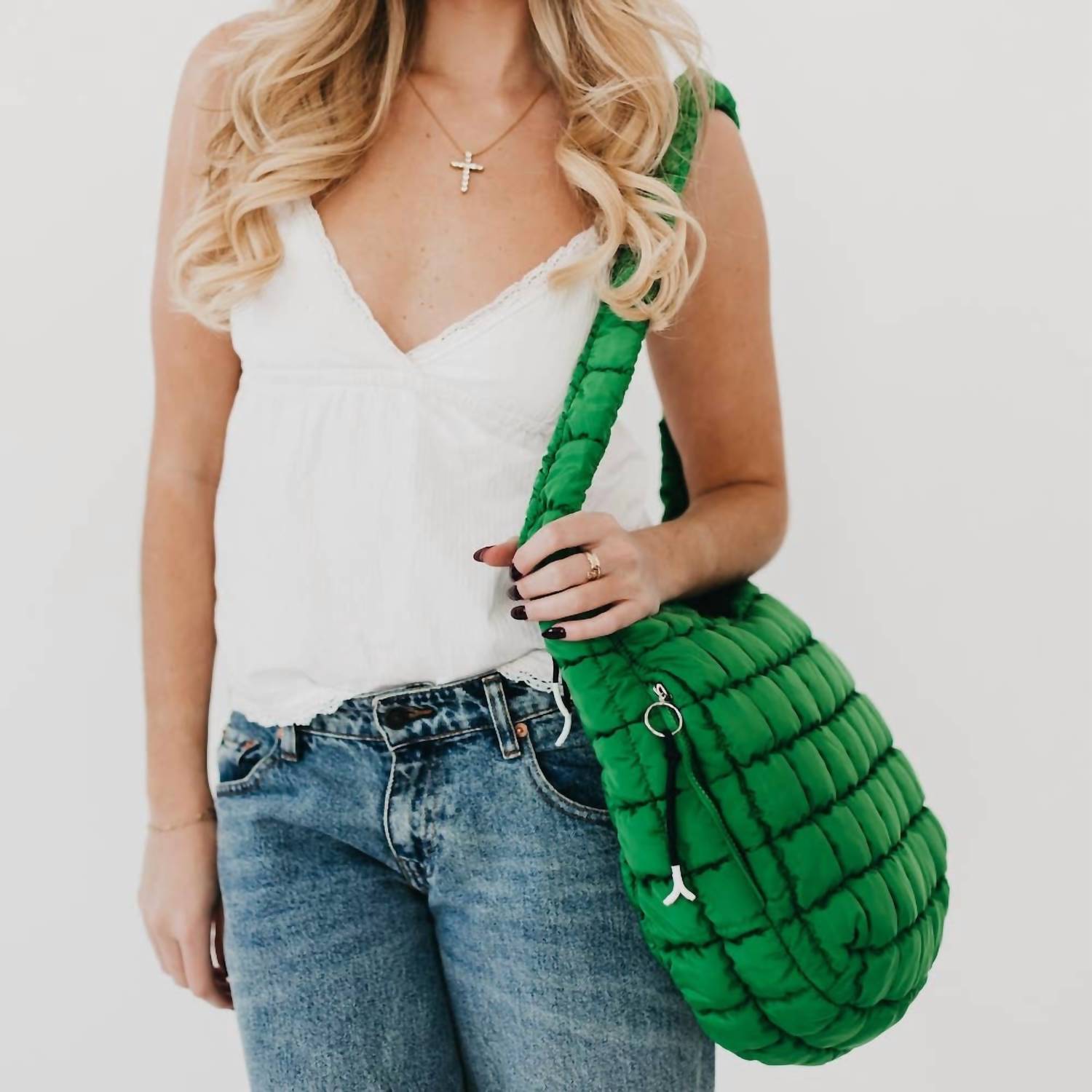 Pretty Simple Carmen Quilted Hobo Tote Bag in emerald - women's bag - detail view