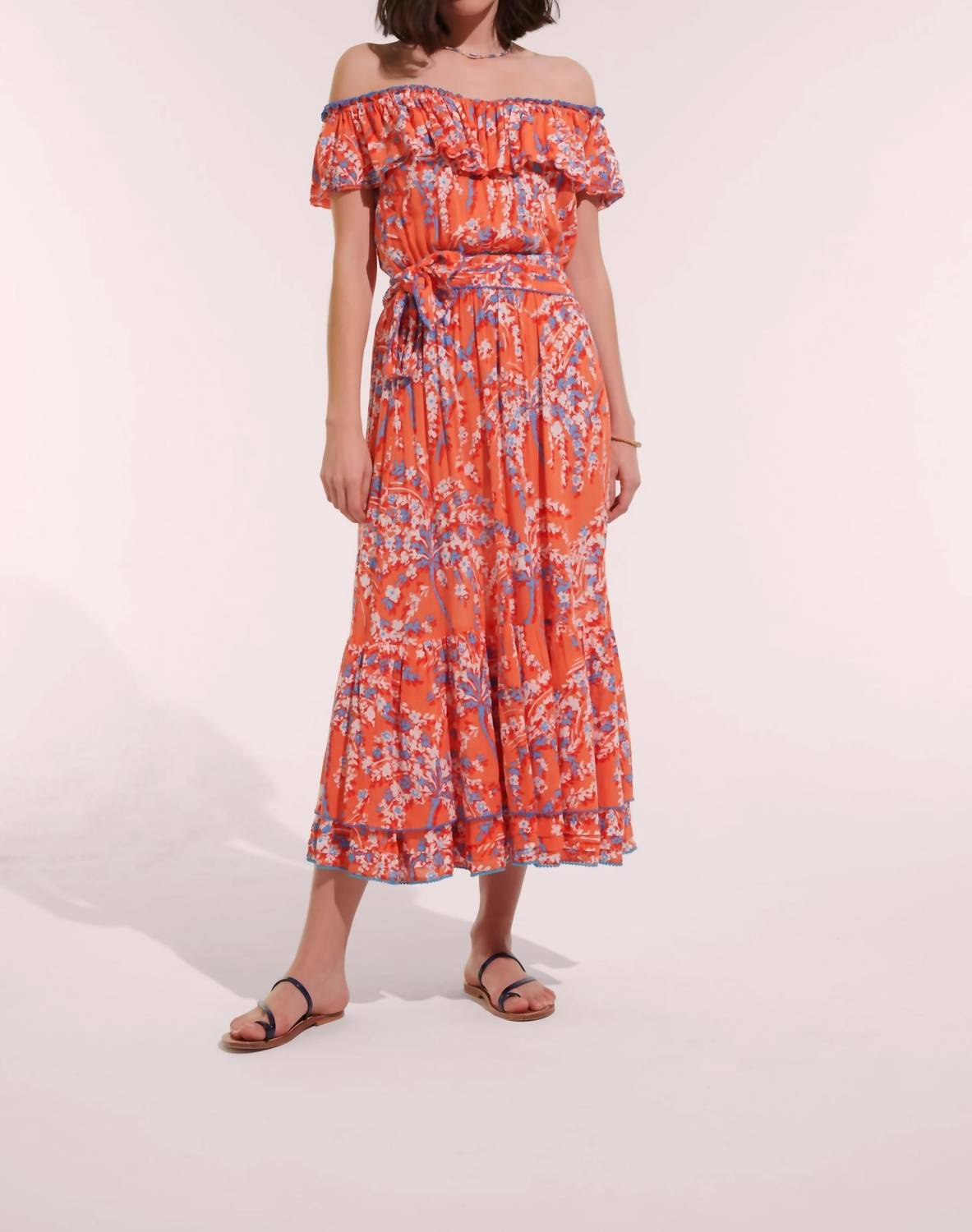 Poupette St Barth - Bella Ruffled Off Shoulder Belted Long Dress
