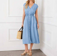 Karen Kane - Cap Sleeve Smocked Waist Button-up Midi Dress - Petite