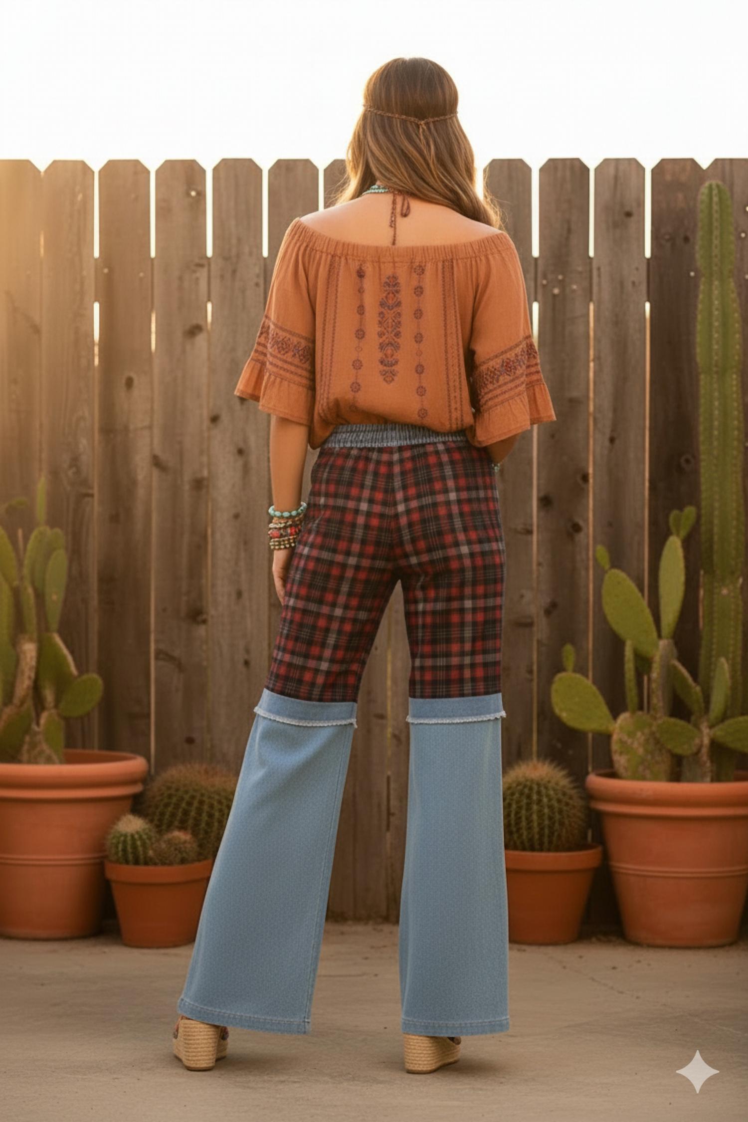 Little Secret Of Mine - Boho Elastic Waist Pocket Plaid Contrast Wide-leg Pants