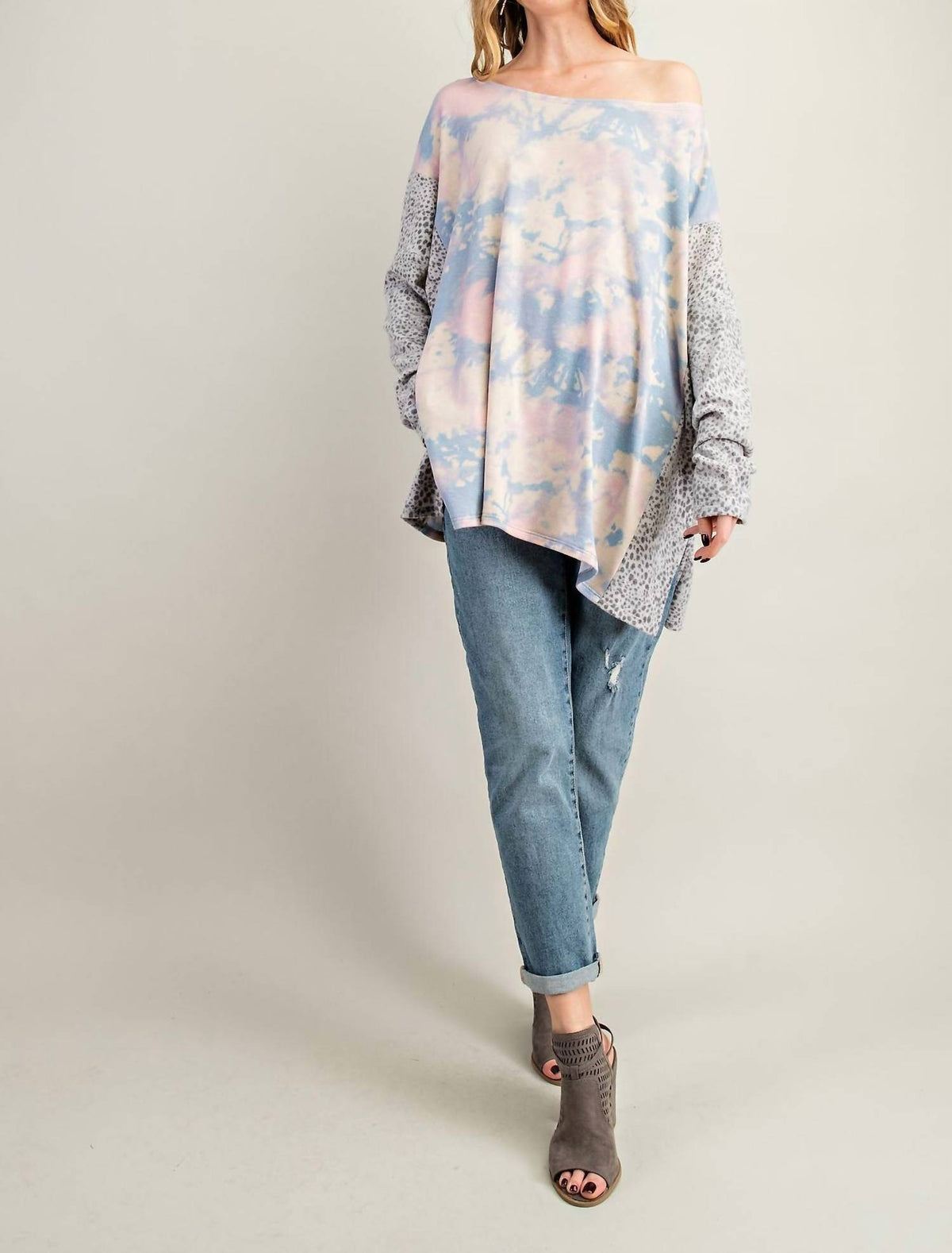 143 Story - Brushed Soft Tie Dye & Cheetah Print Tunic Top