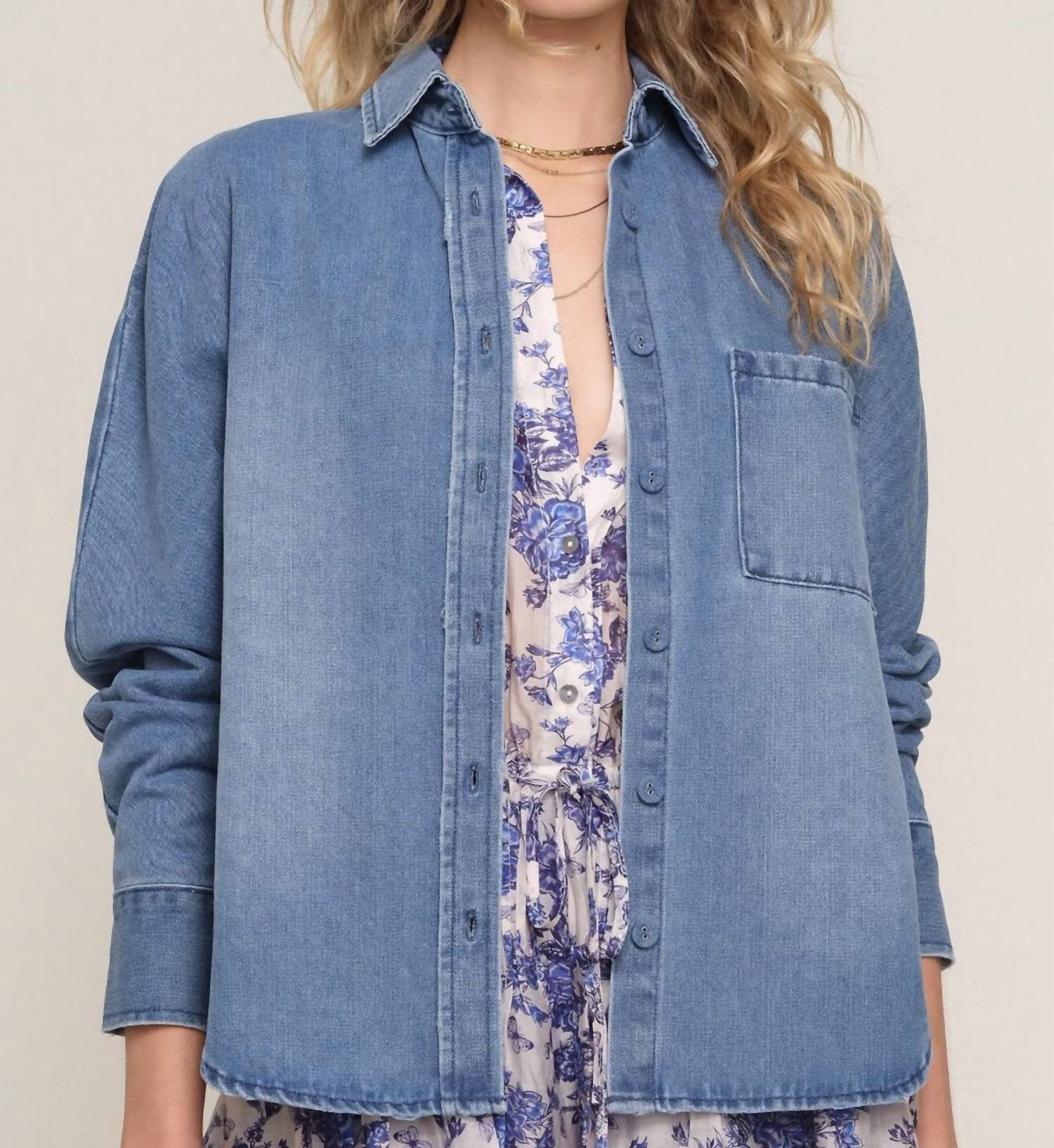 heartloom Suzanne Button Down Shacket in ocean - women's shirt