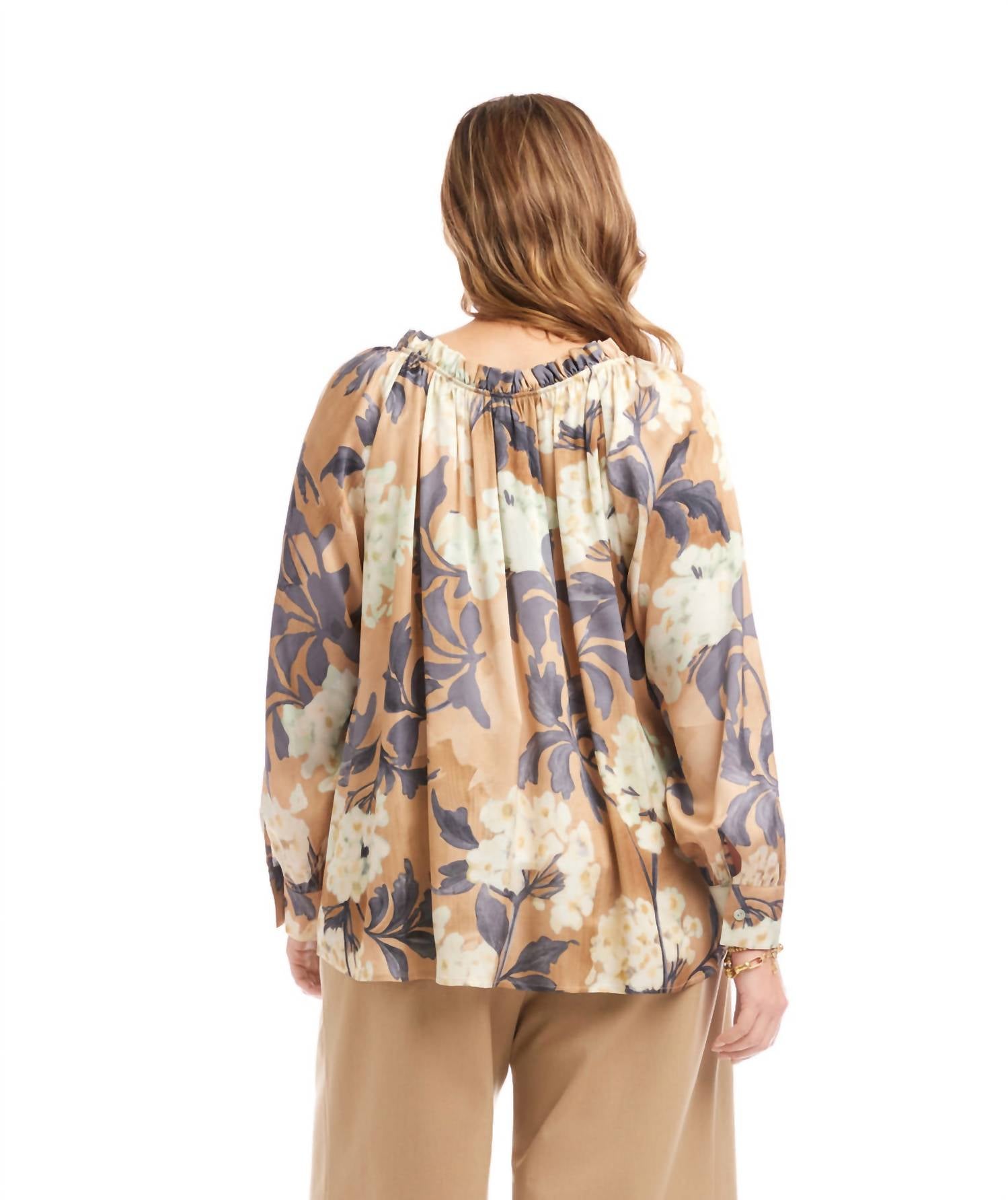 Karen Kane Long Sleeve Ruffle Neck Peasant Top - Plus in print - women's long sleeve top - alternate view