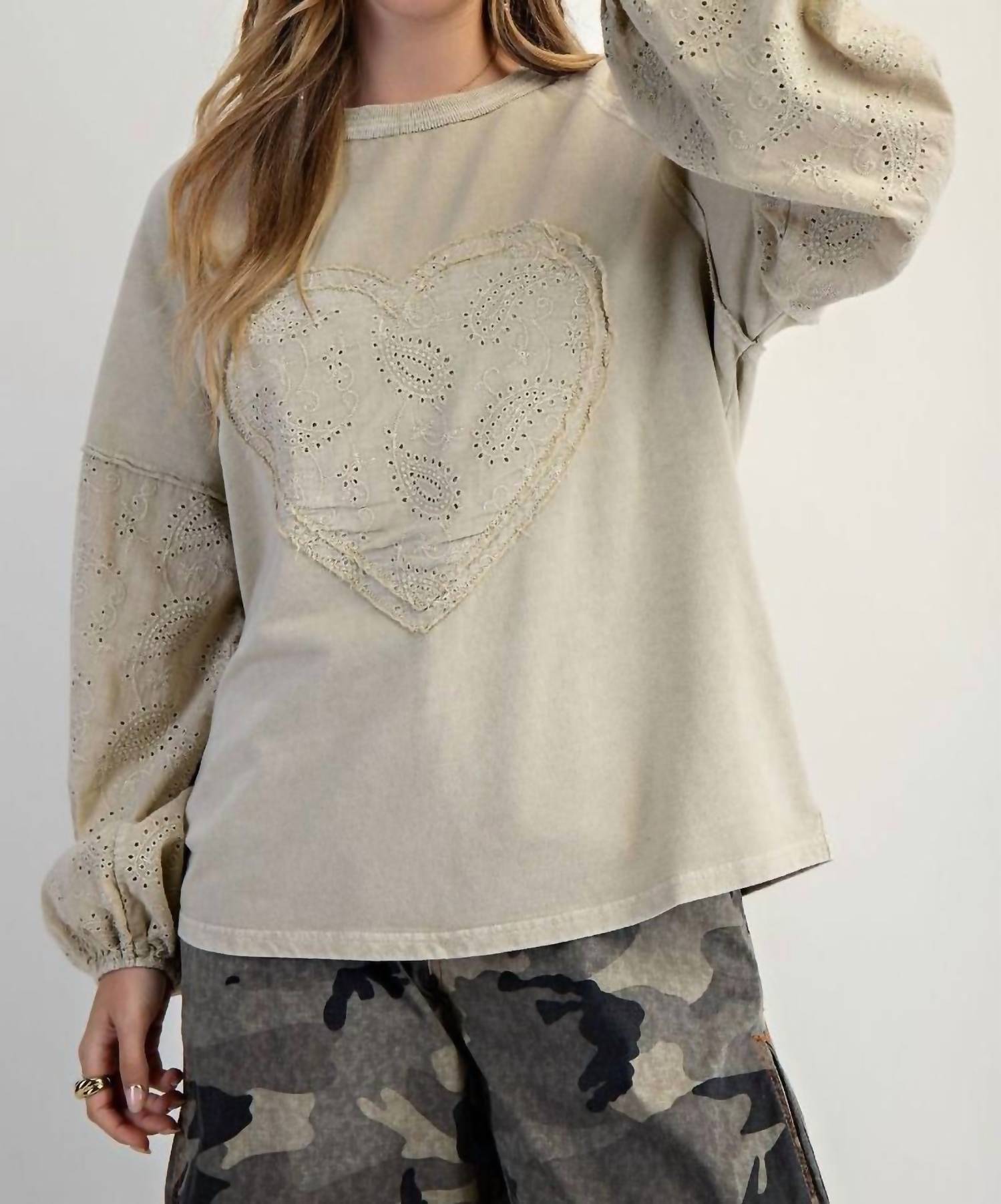 Easel - Eyelet Lace Heart Patched Top