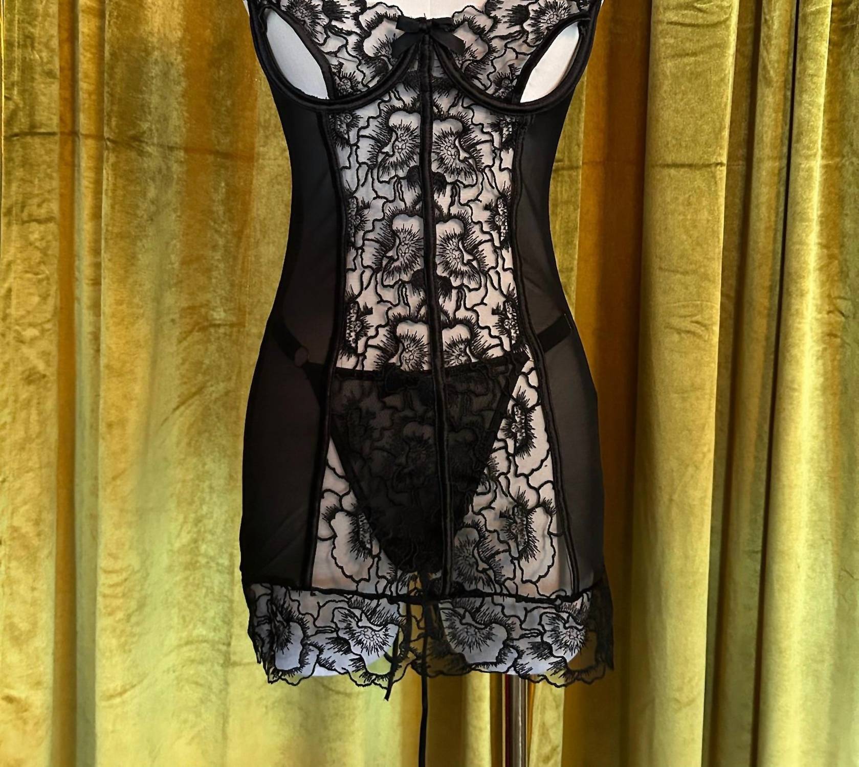 Kilo Brava Embroidered Underwire Slip & G-string Set in black embriodery - women's intimate - alternate view