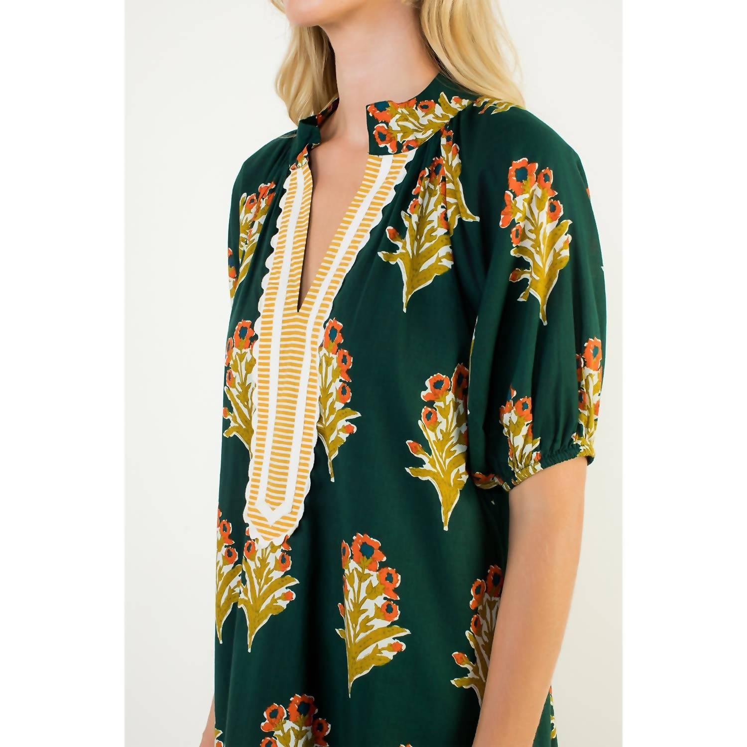 THML Floral Print V-neck Striped Detail Dress in green - women's dress - view 4