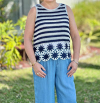 Charlie B - Striped Sleeveless Floral Hem Crochet Top