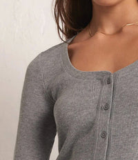 Z Supply Ciana Cropped Waffle Top in heather grey - women's long sleeve top - detail view