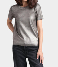 Minnie Rose Metallic Short Sleeve Crew Shirt in silver - women's t-shirt