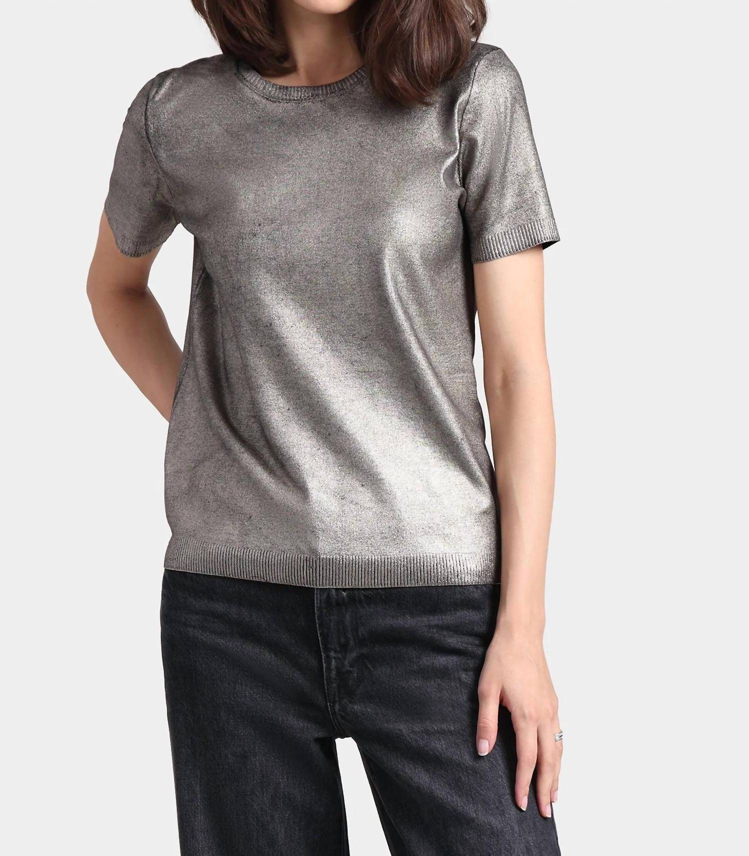Minnie Rose Metallic Short Sleeve Crew Shirt in silver - women's t-shirt