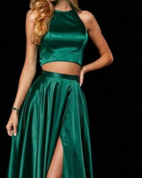 Sherri Hill Slit Skirt Two-piece Silk Dress in emerald - women's dress - detail view