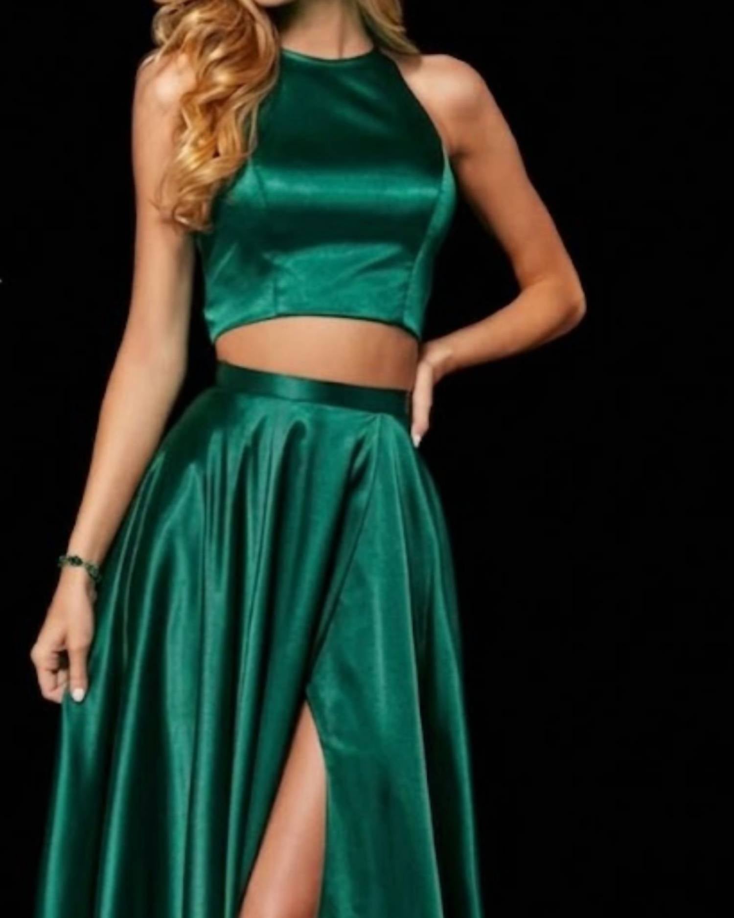 Sherri Hill Slit Skirt Two-piece Silk Dress in emerald - women's dress - detail view