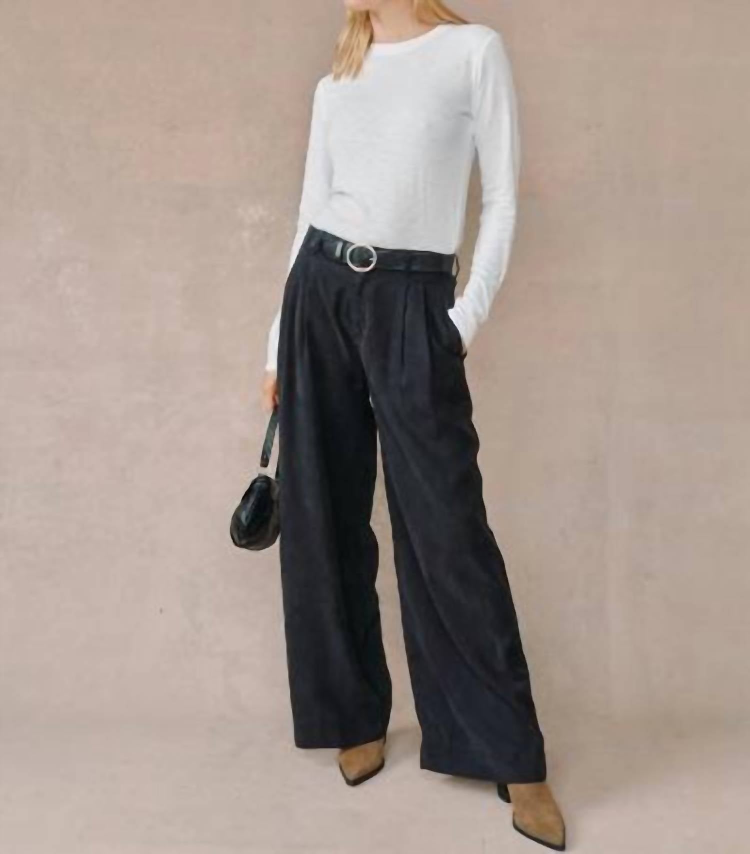 Bella Dahl Double Pleated Wide Leg High Waist Pants in black - women's pants - detail view