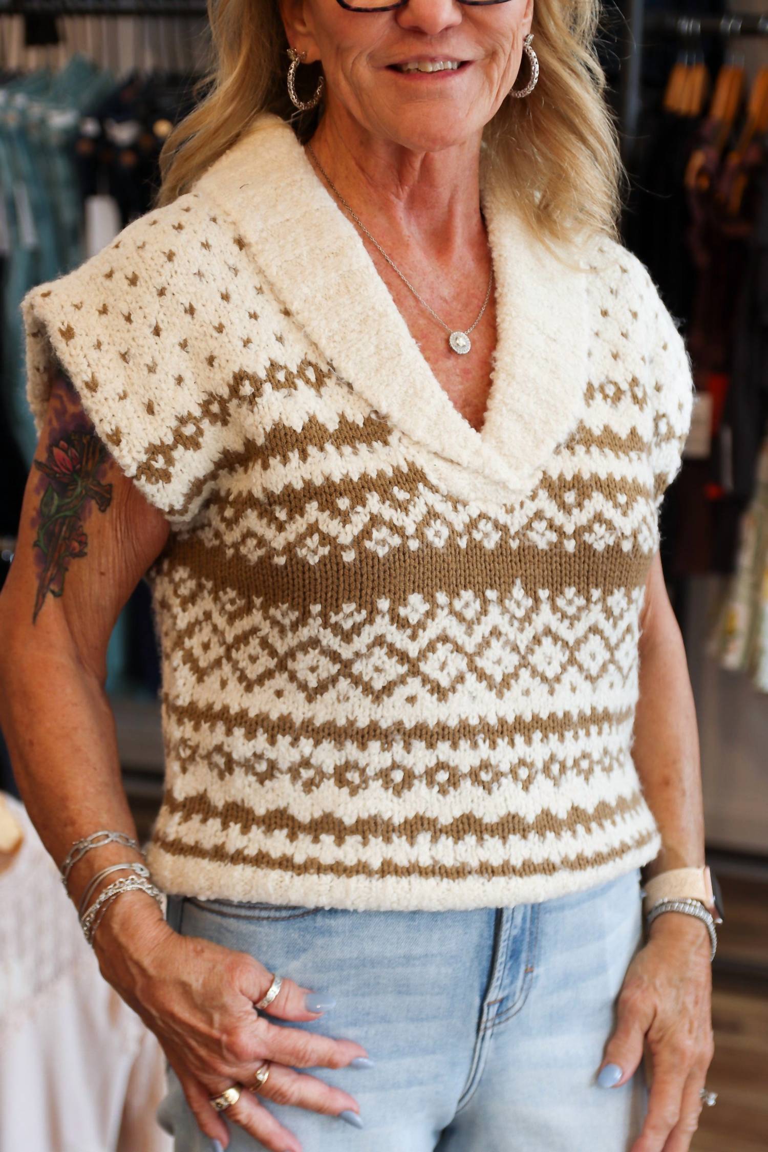 STEVE MADDEN Paulie Collared Sweater Vest Top in cream taupe - women's jacket - view 5