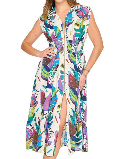 Style Usa - Leaf Print Collared Midi Dress