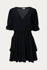 SMOCKED SURPLICE WOVEN MINI DRESS