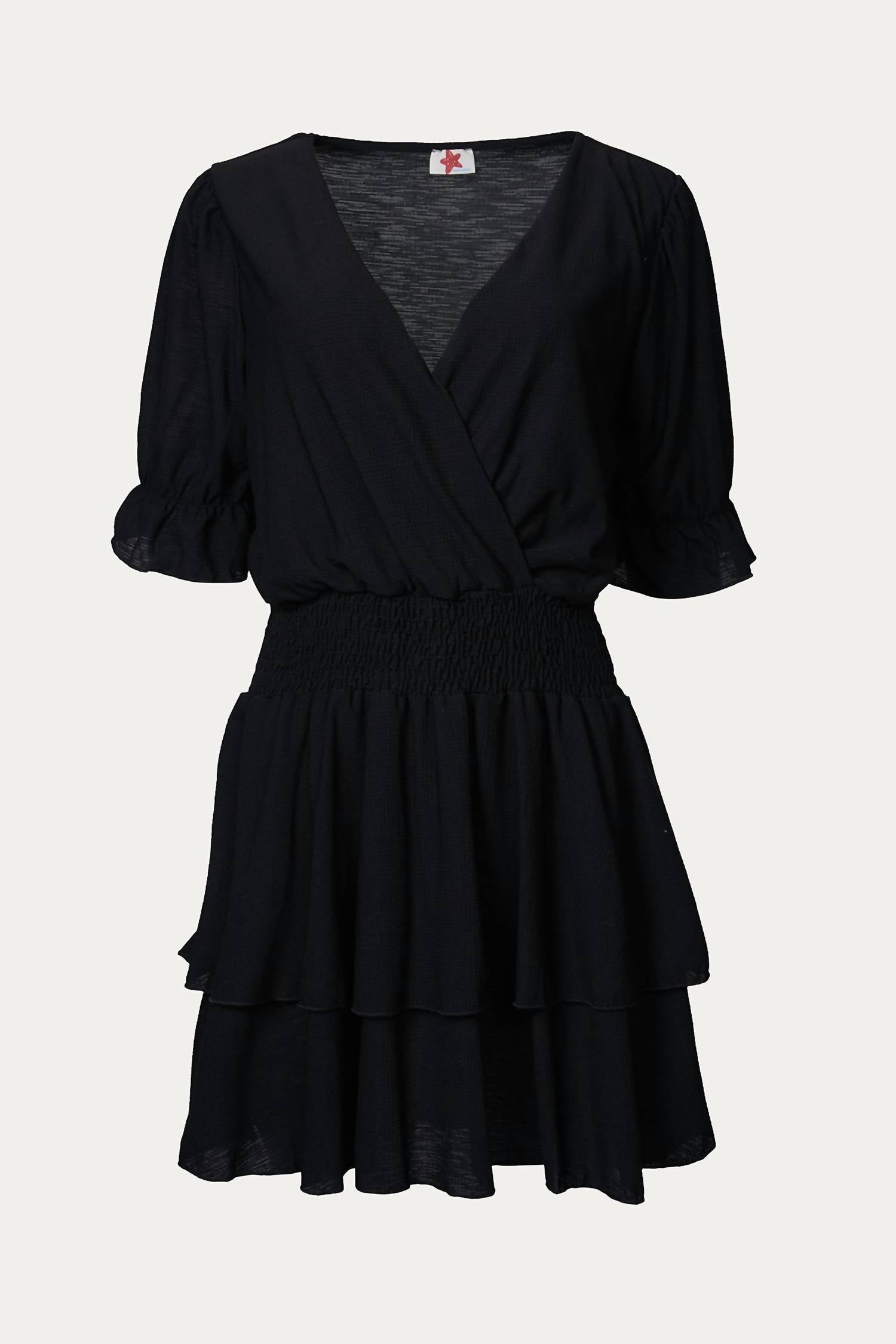 SMOCKED SURPLICE WOVEN MINI DRESS