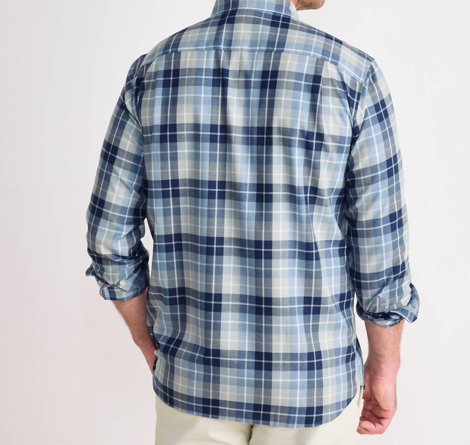 vineyard vines Brant Point Plaid Tech Twill Shirt in ultimate grey - men's shirt - detail view