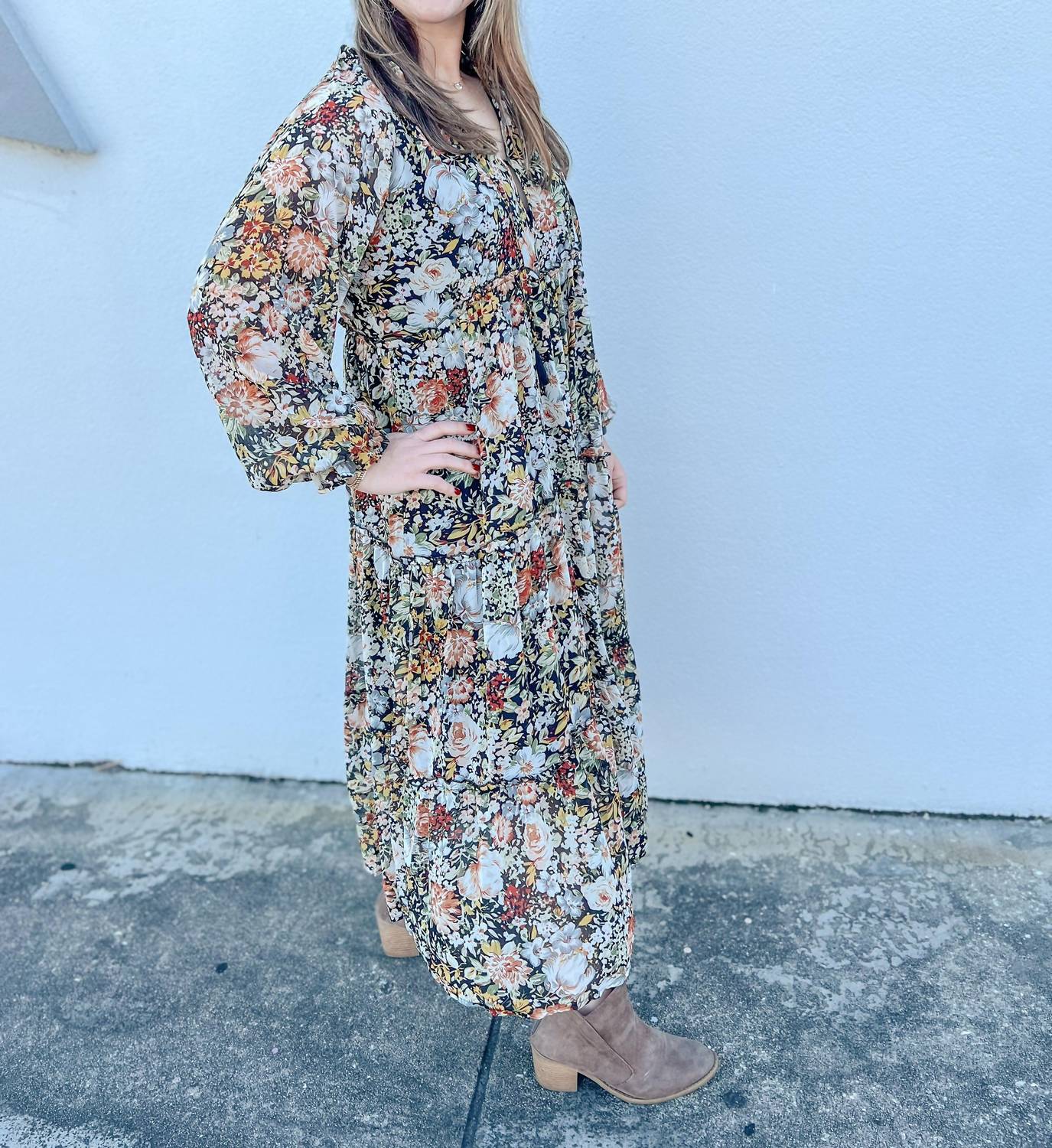 Promesa - Fall Blooms Tiered Floral Midi Prairie Dress