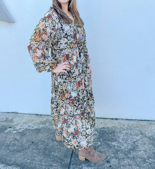 Promesa - Fall Blooms Tiered Floral Midi Prairie Dress