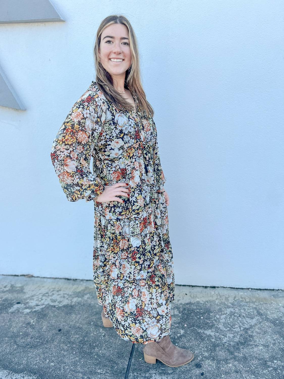 Promesa - Fall Blooms Tiered Floral Midi Prairie Dress
