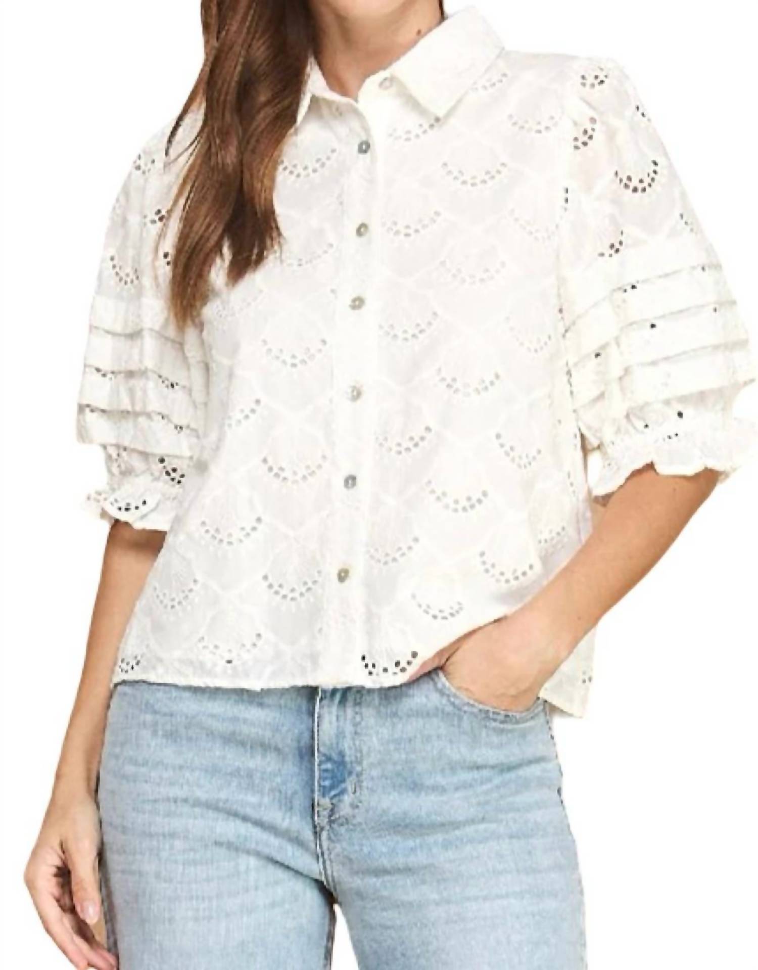 Strut & Bolt - Pintuck Eyelet Puff Sleeve Shirt Top