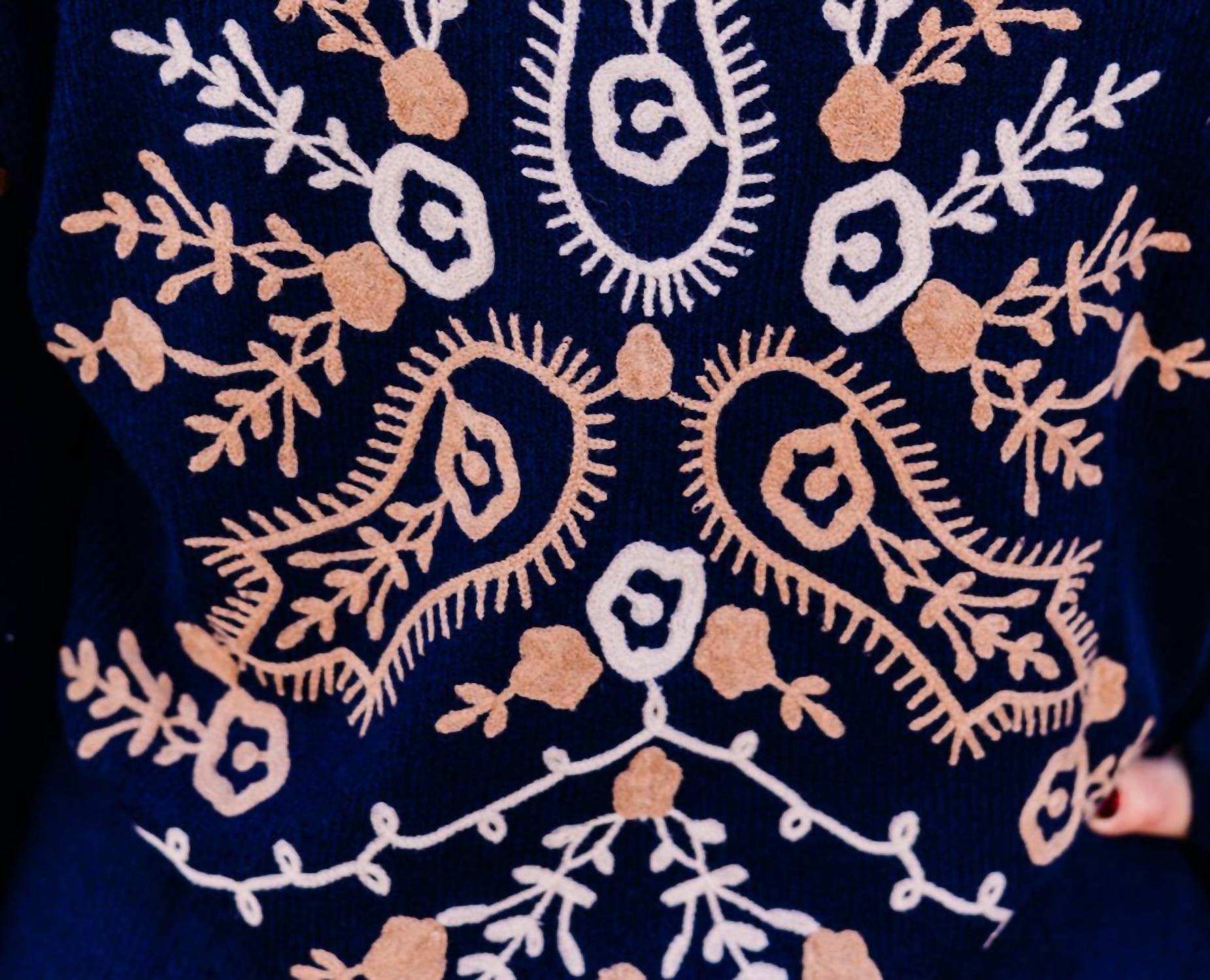 Charlie B - Notched Neck Rib Embroidered Sweater