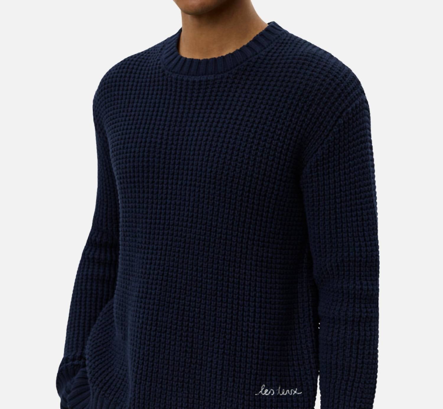 Les Deux Alvin Waffle Crewneck Knit Top in dark navy - men's long sleeve top - alternate view