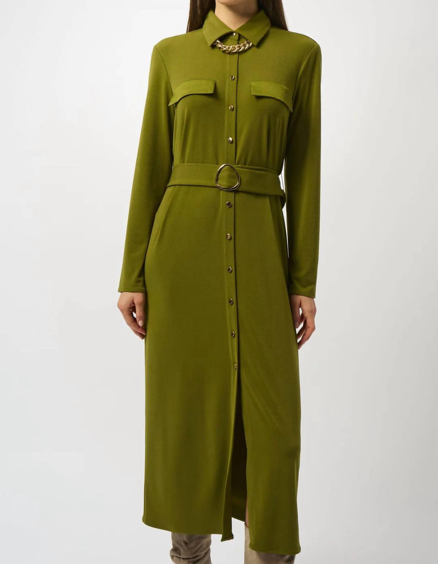 Joseph Ribkoff Collared Front Button Closure Long Sleeves Shirt Dress in artichoke - women's dress