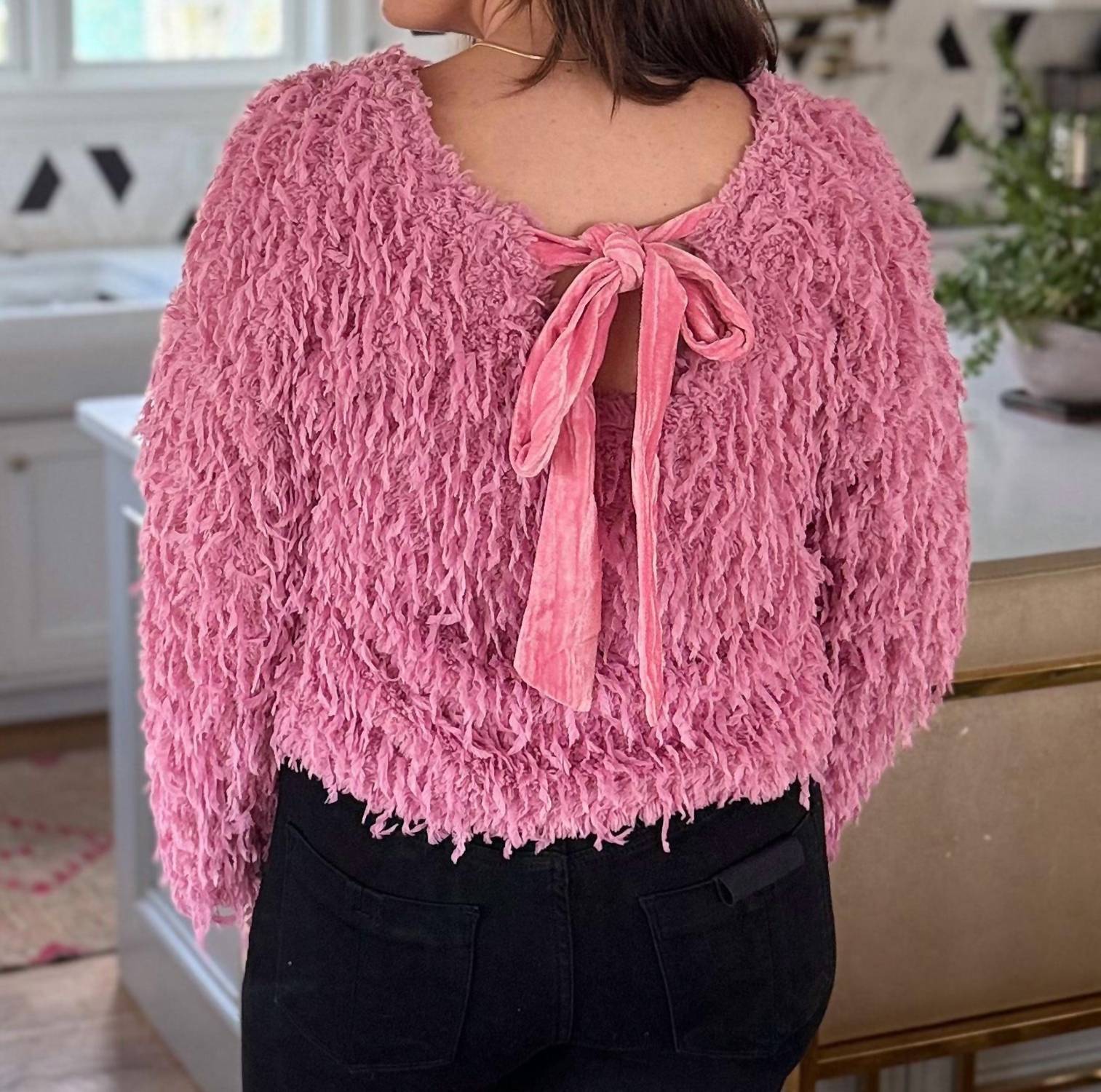 New In Shaggy Sweetheart Sweater in shaggy sweetheart sweater in pink - women's blouse - detail view