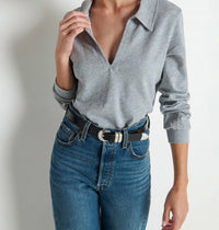 Nation LTD Kimberley Polo Tee Top in heather grey - women's long sleeve top - alternate view