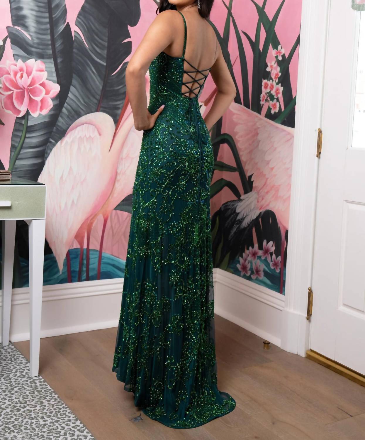 Rachel Allan Beaded Stretch Tulle Prom Dress in hunter green - women's dress - detail view