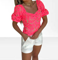Adelyn Rae - Embroidered Flower Puff Sleeve Top