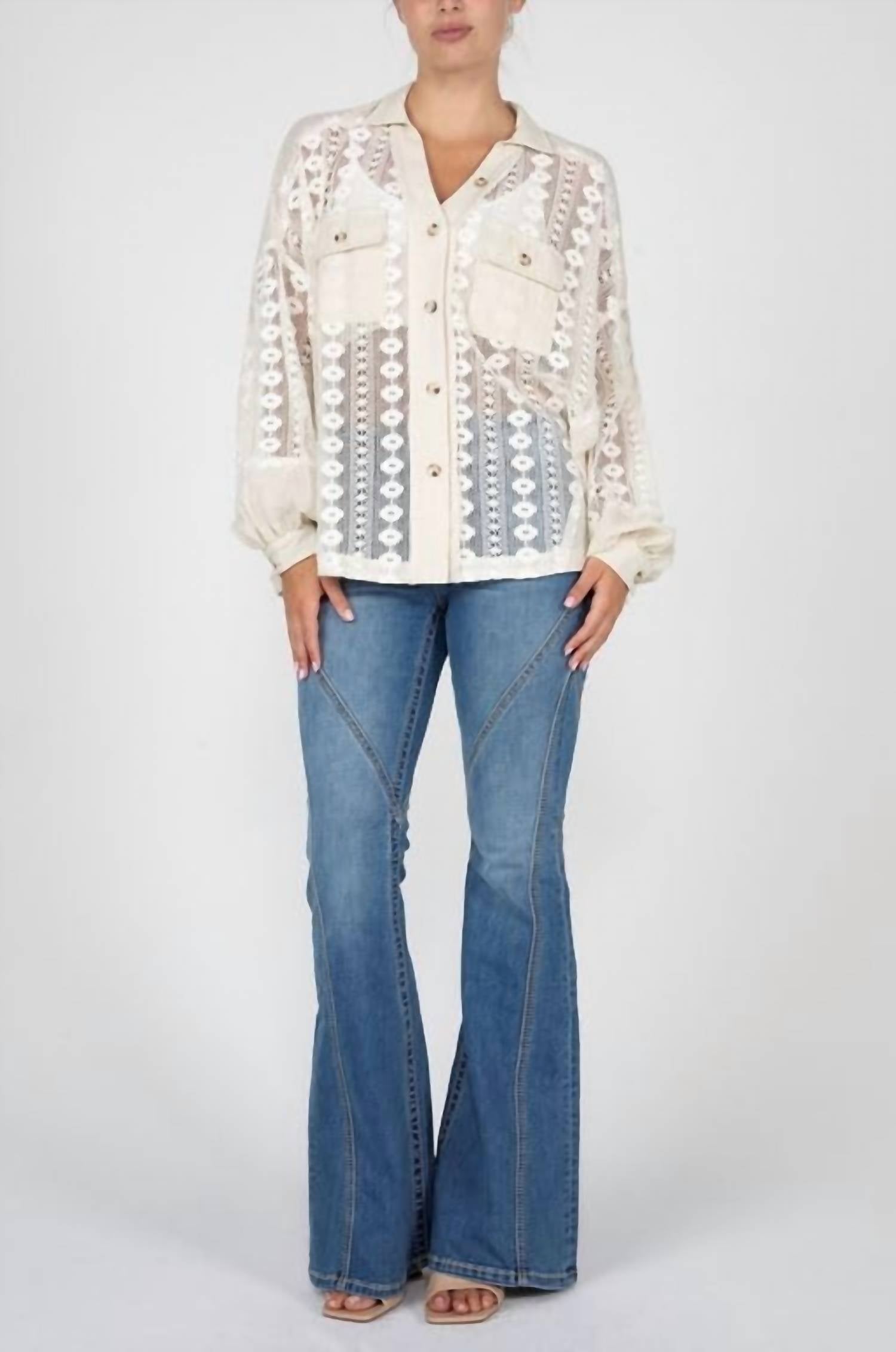 Miss Me - Mixed Media Button Up Long Sleeve Top