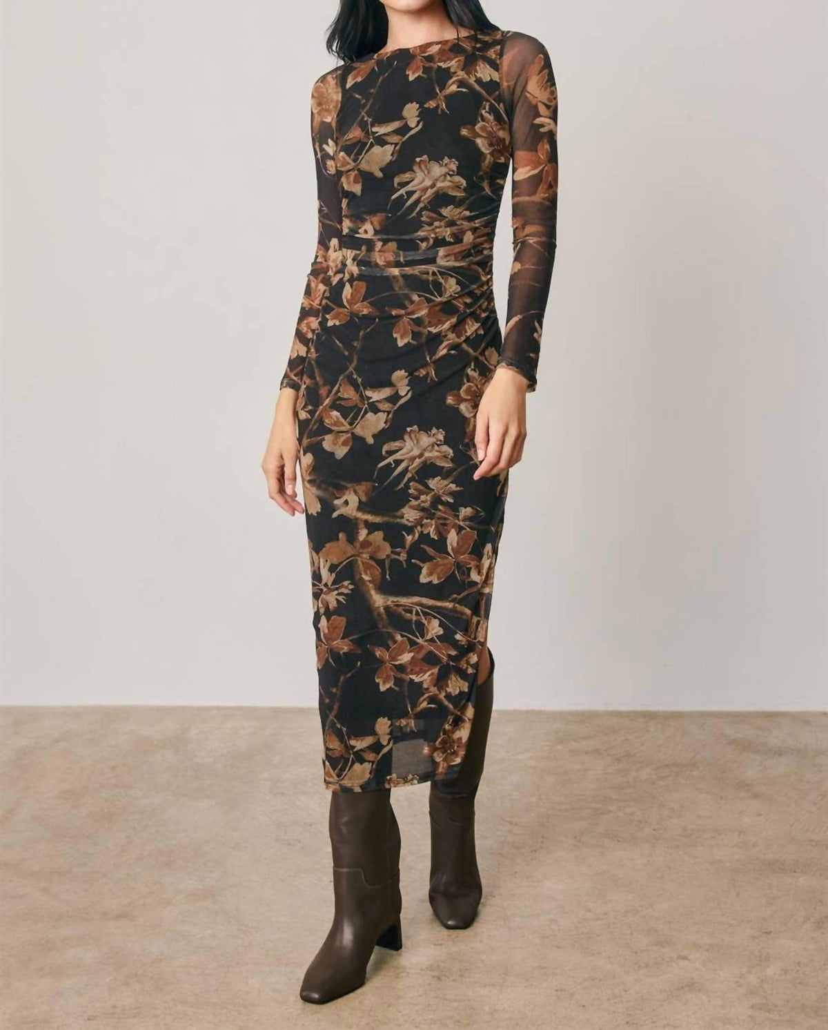 Dress Forum - Floral Mesh Ruched Midi Dress