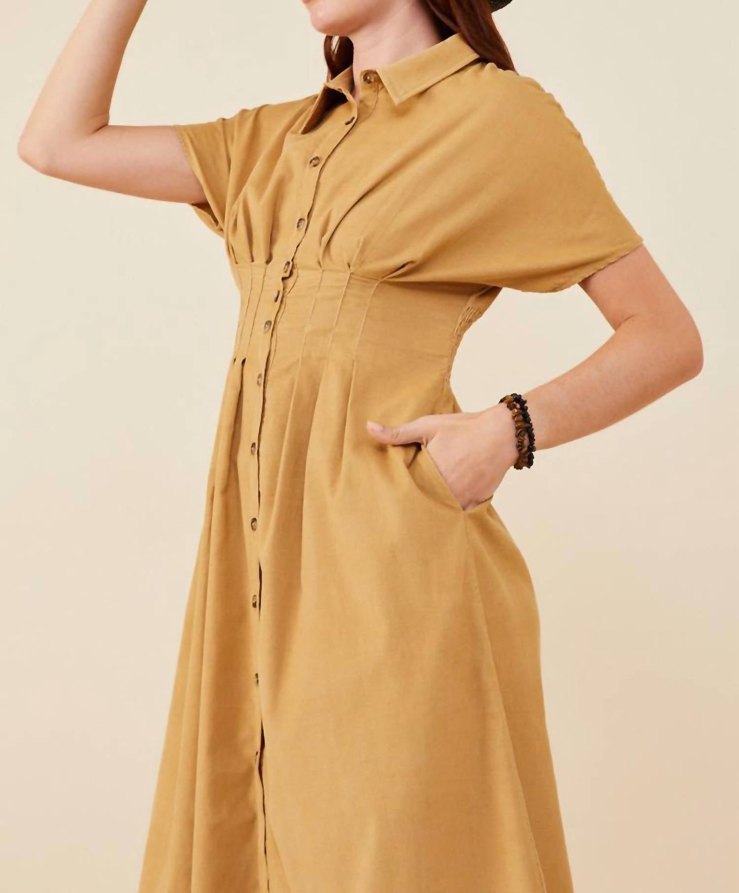 Hayden La - Pintucked Waist Button Up Corduroy Dress