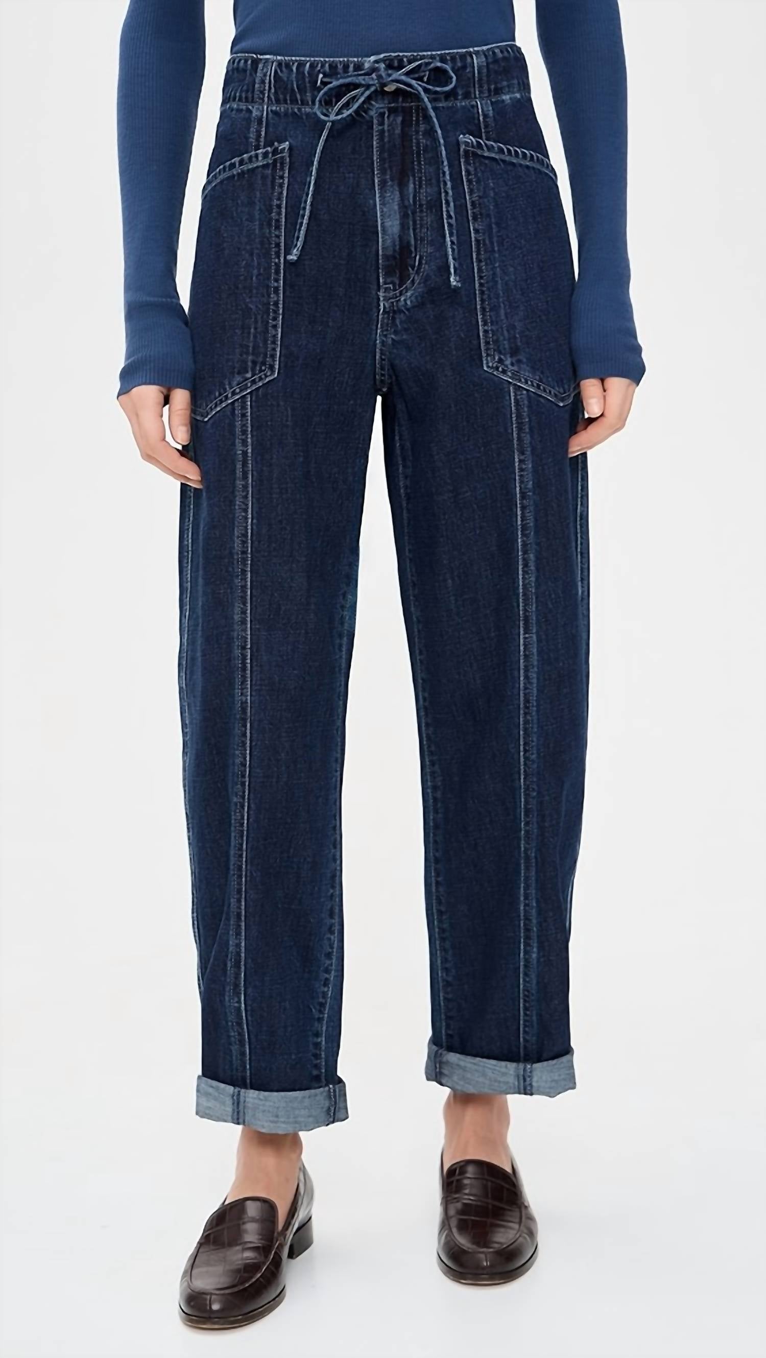 DAZE Villa Drawstring Barrel Leg Pants in blue mood - women's jeans