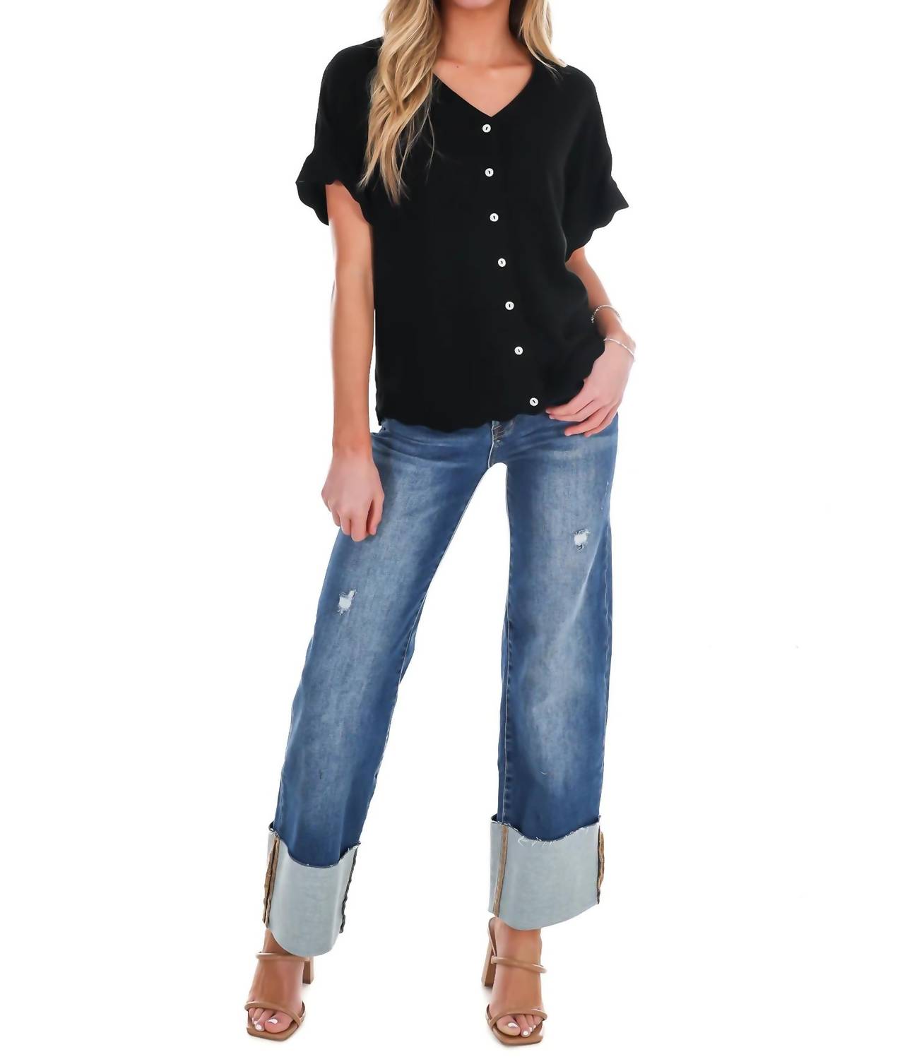 Umgee - Refined Edge Linen Scallop Button Up Top