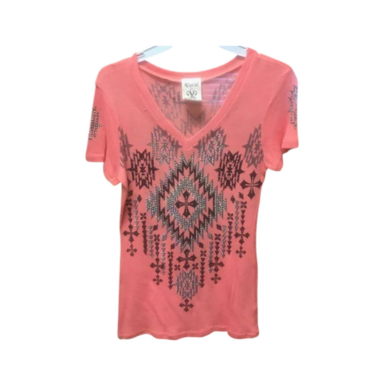 Vocal Apparel - Women's Short Sleeve Top With Aztec & Rhinestones