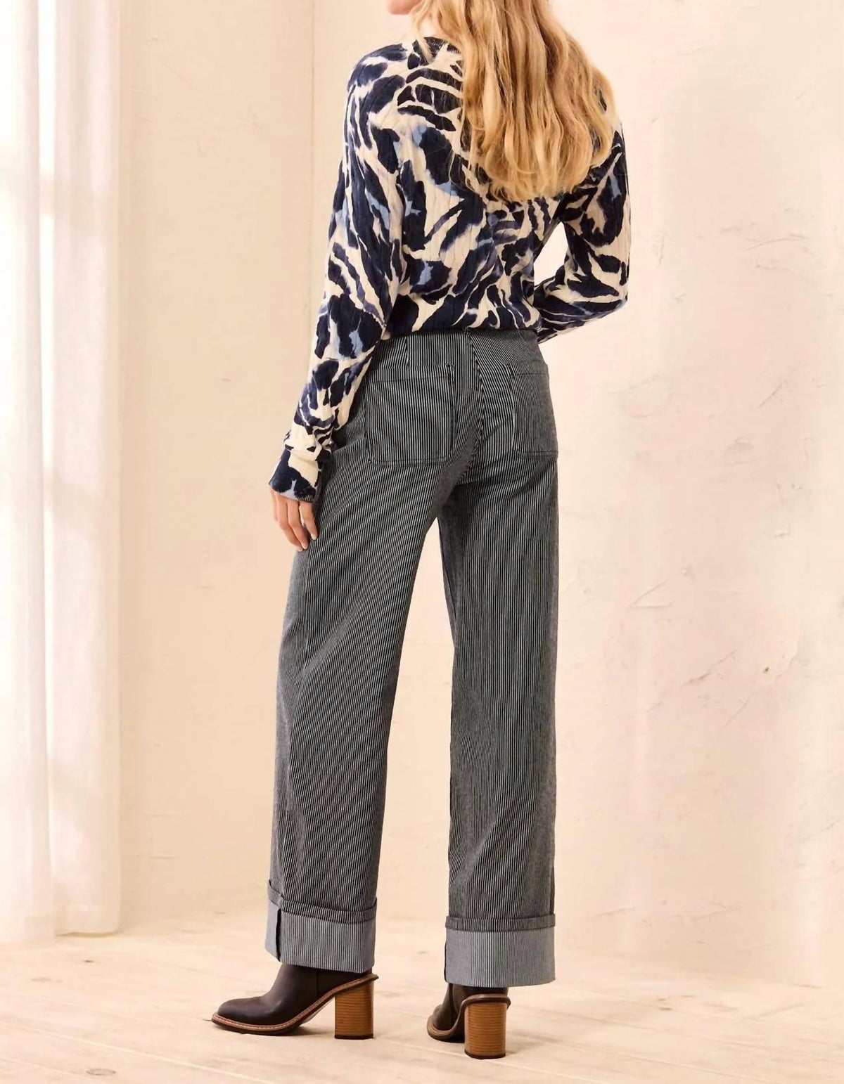 Tribal - Women's Pin Striped With Wide Cuff Wide Leg Denim Jeans