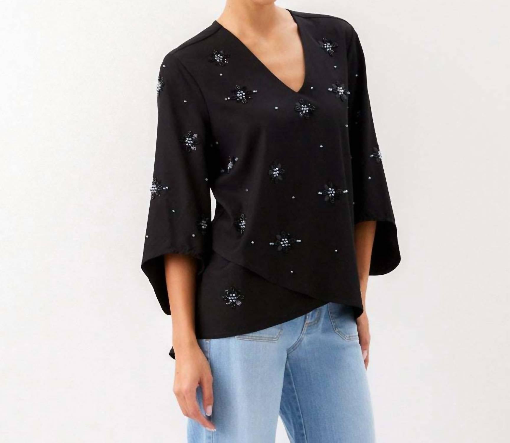Karen Kane - Bracelet Sleeve Embellished Asymmetric Top - Petite