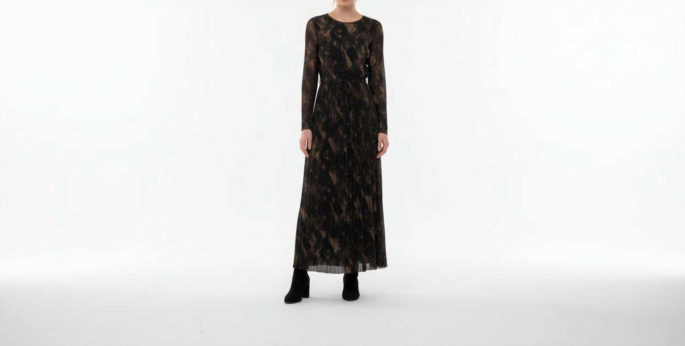 Soya Concept Graphic Long Sleeve Tie Waist Maxi Dress in black - women's dress